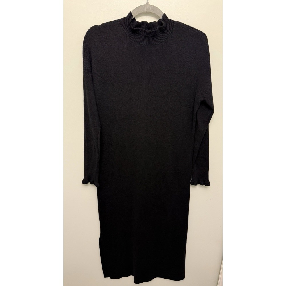 LOFT Black Midi Sweater Dress Size Medium Mock Neck Ruffle Trim Knit Classic